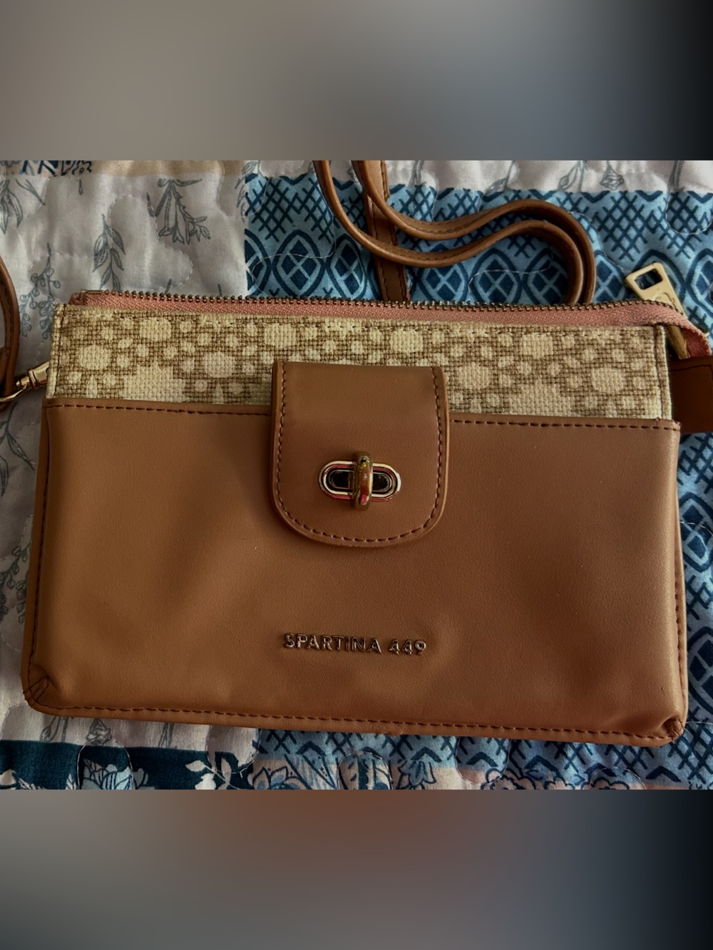Spartina 449 Tan Crossbody Bag with Cream Pattern